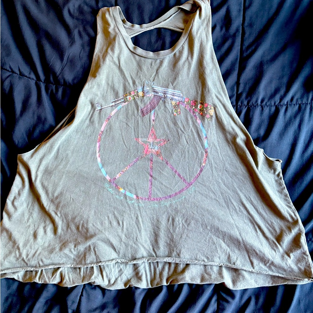 Obey Tank - flowy with open-back - size M - light olive green with peace sign